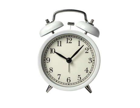Classic white alarm clock with black hands and numerals, silver bell and base, isolated on black background