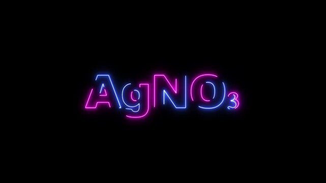 Neon glowing chemical formula Ag N O3 on black background AgNO3 silver nitrate