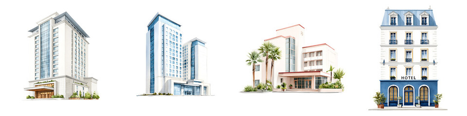 Obraz premium Watercolor Hotel Buildings Set - Architectural Illustration Collection