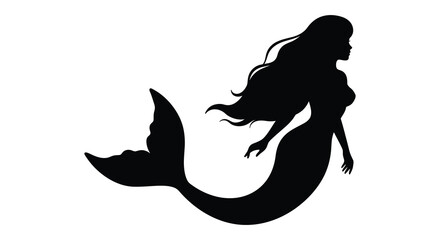 Elegant mermaid with flowing hair and tail a striking black silhouette