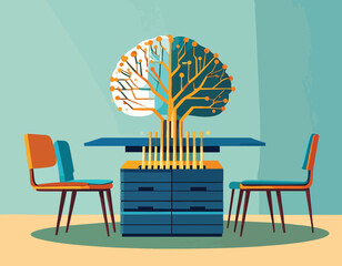 Illustration of a digital brain tree as a neuromorphic chip, symbolizing the fusion of nature and AI technology for future computing