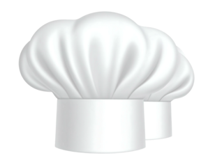 A pristine white chef's toque, tall and round with distinct pleats, sits against a black background.  Its cylindrical base is clearly defined