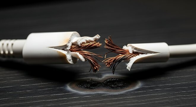Damaged power cord with exposed copper wires and burn marks background