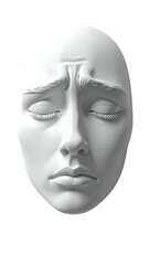 A white, sculpted face, eyes closed, brow furrowed in a melancholic expression, rendered in high detail, showing subtle texture and shading