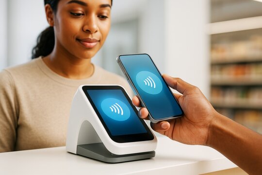 Contactless smartphone payment at modern terminal with young woman in store environment, showcasing innovative digital transaction technology. Ai generative
