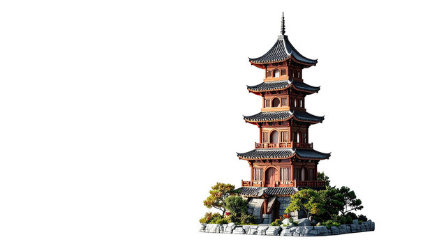 A meticulously detailed digital rendering of a five-tiered East Asian pagoda, perched on a rocky island with lush miniature landscaping