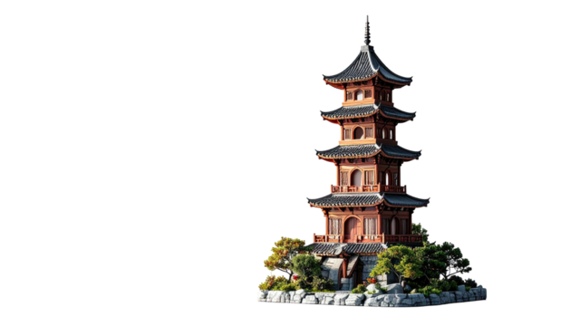 A meticulously detailed digital rendering of a five-tiered East Asian pagoda, perched on a rocky island with lush miniature landscaping