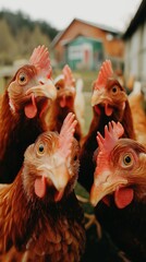Group of curious chickens looking fixedly at camera