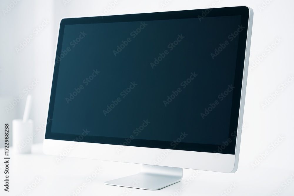Poster Blank computer monitor mockup in clean minimalist workspace with white background for technology branding or design presentation concept. Ai generative
