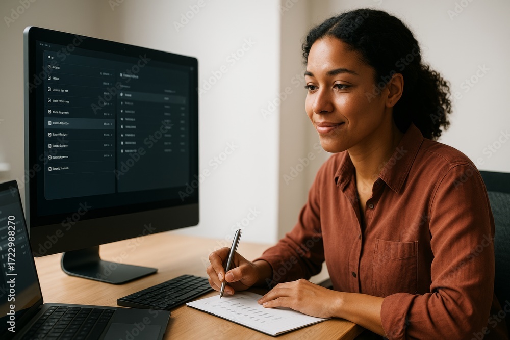 Poster woman working at desk with computer and notepad in modern office with soft light and minimal backgro