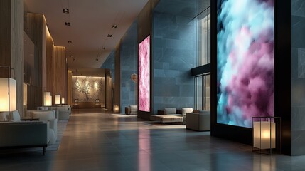 Magnificent hotel lobby with seating area and digital art