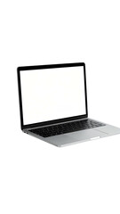 Sleek silver laptop with blank white screen, slightly angled, isolated on black background (2)