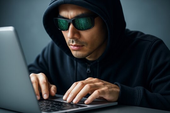 Hacker in black hoodie typing on laptop with green code reflected in sunglasses on dark background, symbolizing cybercrime and data theft. Ai generative - Powered by Adobe