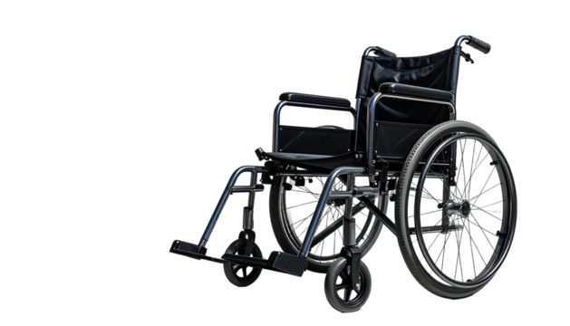 A dark-grey manual wheelchair, angled slightly, features a padded black seat and backrest, large rear wheels, and smaller front wheels with footrests
