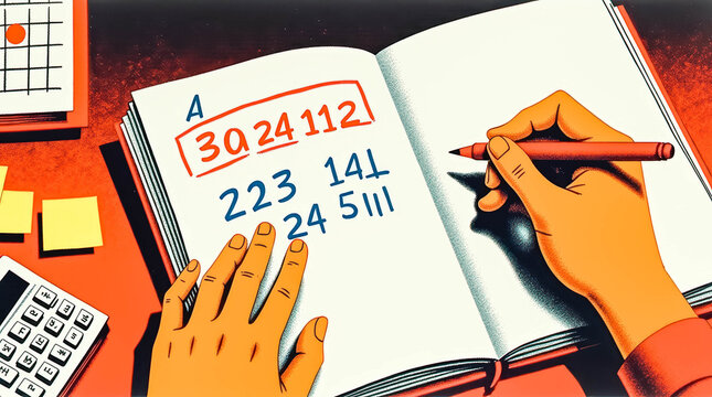 Writing numbers and letters in a notebook