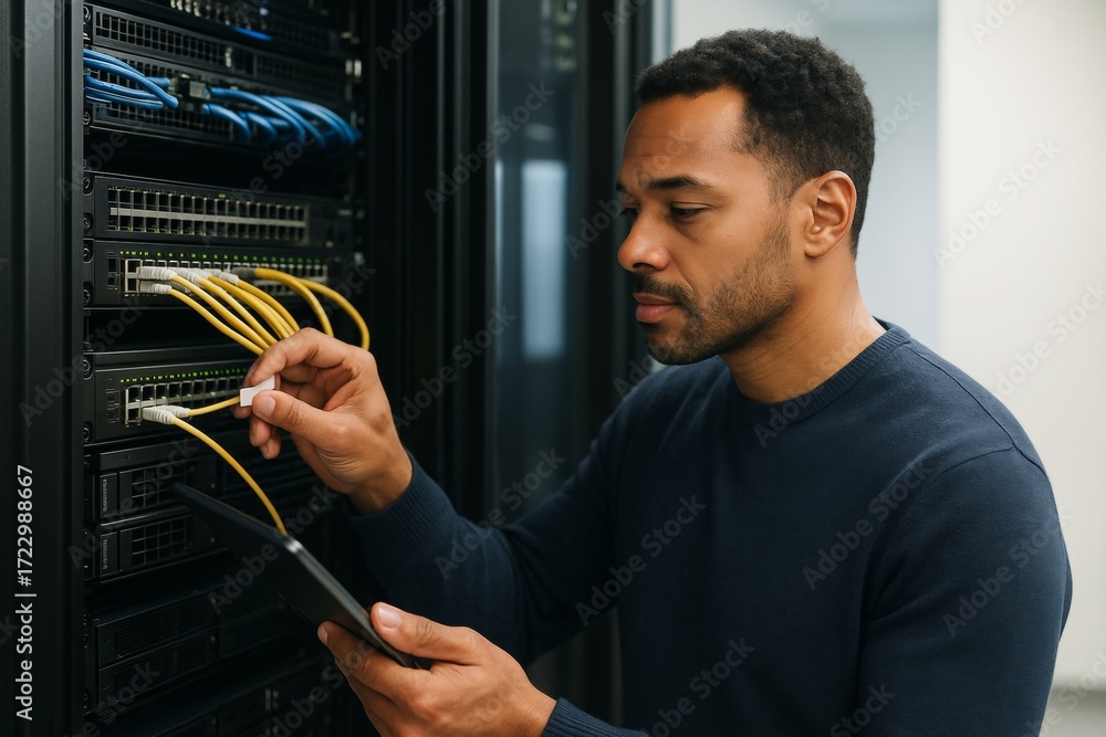 Poster technician connecting network cables to server rack while holding tablet in data center, showcasing 
