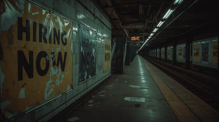 Obraz premium Abandoned subway station with hiring signs