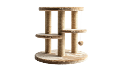 Beige cat tree with three platforms, sisal posts, and a dangling ball toy