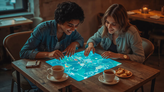 Women exploring a digital map in a cafe
