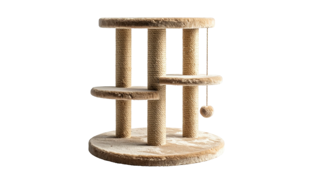 Beige cat tree with three platforms, sisal posts, and a dangling ball toy