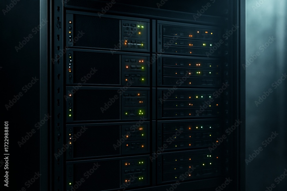 Poster close-up of modern server rack with blinking led indicators in a dark data center environment, symbo