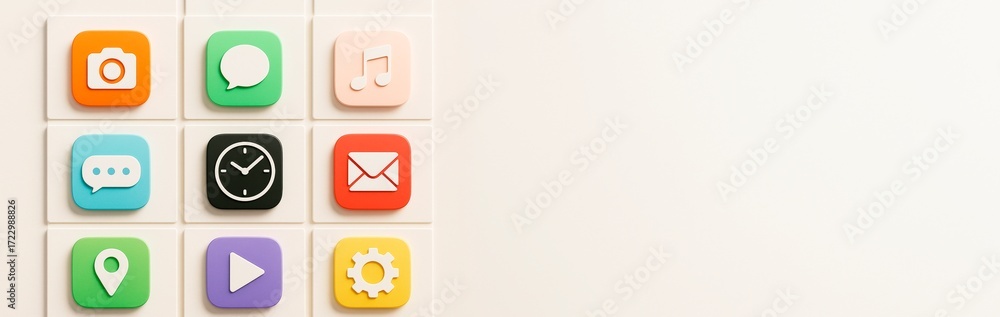 Poster colorful 3d-style app icons arranged in a grid on the left side with copyspace on the right side ove
