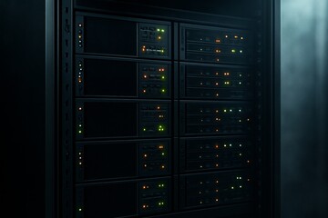 Close-up of modern server rack with blinking LED indicators in a dark data center environment, symbolizing high-end digital technology systems. Ai generative