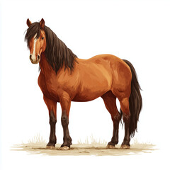Obraz premium A detailed illustration of a sturdy brown horse with a flowing black mane, standing calmly on a light ground. Perfect for wildlife, rural, or equestrian themes in stock projects.