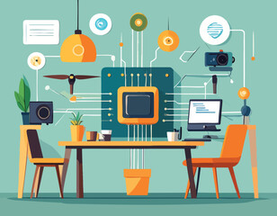 Illustration of an office space showcasing connected technological elements, including a neuromorphic chip and modern office equipment for data processing and advanced computing