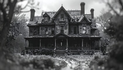 A grayscale image of an old, dilapidated, and eerie Victorian house surrounded by bare trees. The focus is on the house