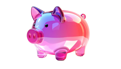 A vibrant, glossy piggy bank rendered in shades of pink and blue, exhibiting a sleek, almost translucent quality.  Its design is simple yet captivating