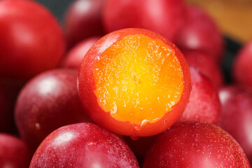 Fresh Australian Jumbo Plums Cut Open Showing Orange Flesh - Premium Imported Stone Fruit