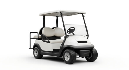 A white golf cart with a black steering wheel and white seats isolated on a white background studio shot ai generated