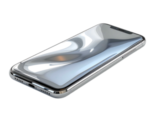 Sleek, silver smartphone with a highly reflective, subtly warped screen, lying at a slight angle, showcasing a minimalist design and polished metallic finish