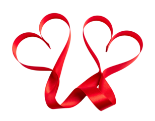 Two intertwined red satin ribbons forming double hearts on black background