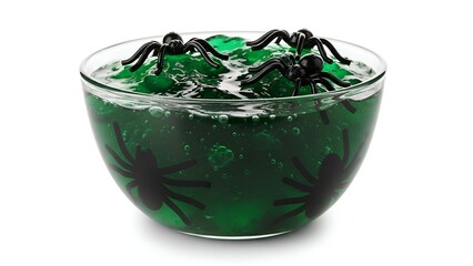 Spooky green gelatin dessert with unsettling plastic spiders, perfect for a chilling Halloween celebration or themed party, isolated on a bright, clear blank white background for versatile design use