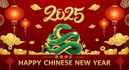 Chinese New Year 2025 greeting card with green snake zodiac.
