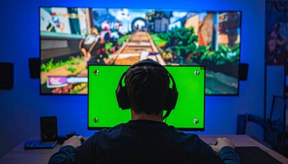 Gamer at a desk with dual monitors