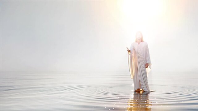 Jesus Christ standing on the rippling water with bright light shining through it, arms outstretched, reaching out for salvation, faith and belief concept, Jesus background
