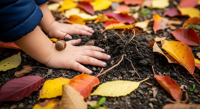 Childs hands explore soil and autumn leaves in natures embrace.