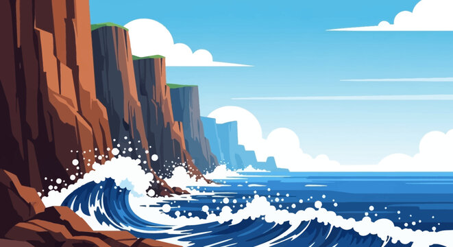 Powerful ocean waves crashing against rugged coastal cliffs under a clear sky.