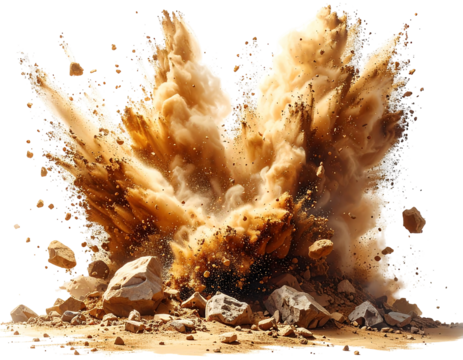 A dramatic explosion of tan dust and rocks, billowing outwards in a chaotic, energetic burst against a black background