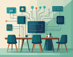 A modern meeting room adorned with data visualizations and circuit elements, symbolizing collaborative efforts in designing revolutionary neuromorphic chip technologies for advanced AI