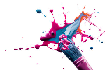 Paintbrush Creating Pink Blue And Orange Paint Splatter Explosion splash isolated on a transparent background