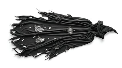 Tattered Black Witch Cloak Lying Isolated on White Background, Halloween Costume Accessory