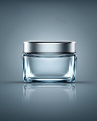 Clear Glass Jar with Silver Lid on Gradient Blue Background. Mock up promotion information for marketing announcements and details, blank white space.