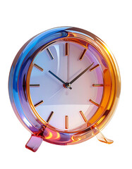 A stylized clock with a metallic, iridescent rose-gold and blue frame, white face, and black hands; displaying a time between 7 and 8.  The base mirrors the frame's sheen