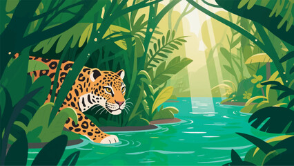 Illustration Of A Jaguar Hiding In Dense Bushes Near A Green River With Sunlight Shining Through The Leaves Vector Design Template © BedRoses