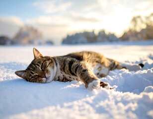 Tabby cat sleeps in snow