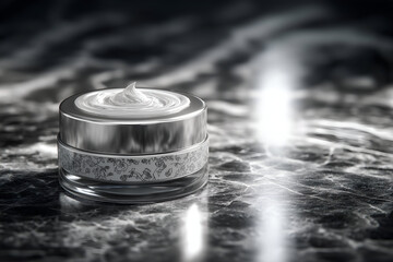 Glass Jar of White Cream on Black Marble Countertop Glossy. Mock up promotion information for marketing announcements and details, blank white space.